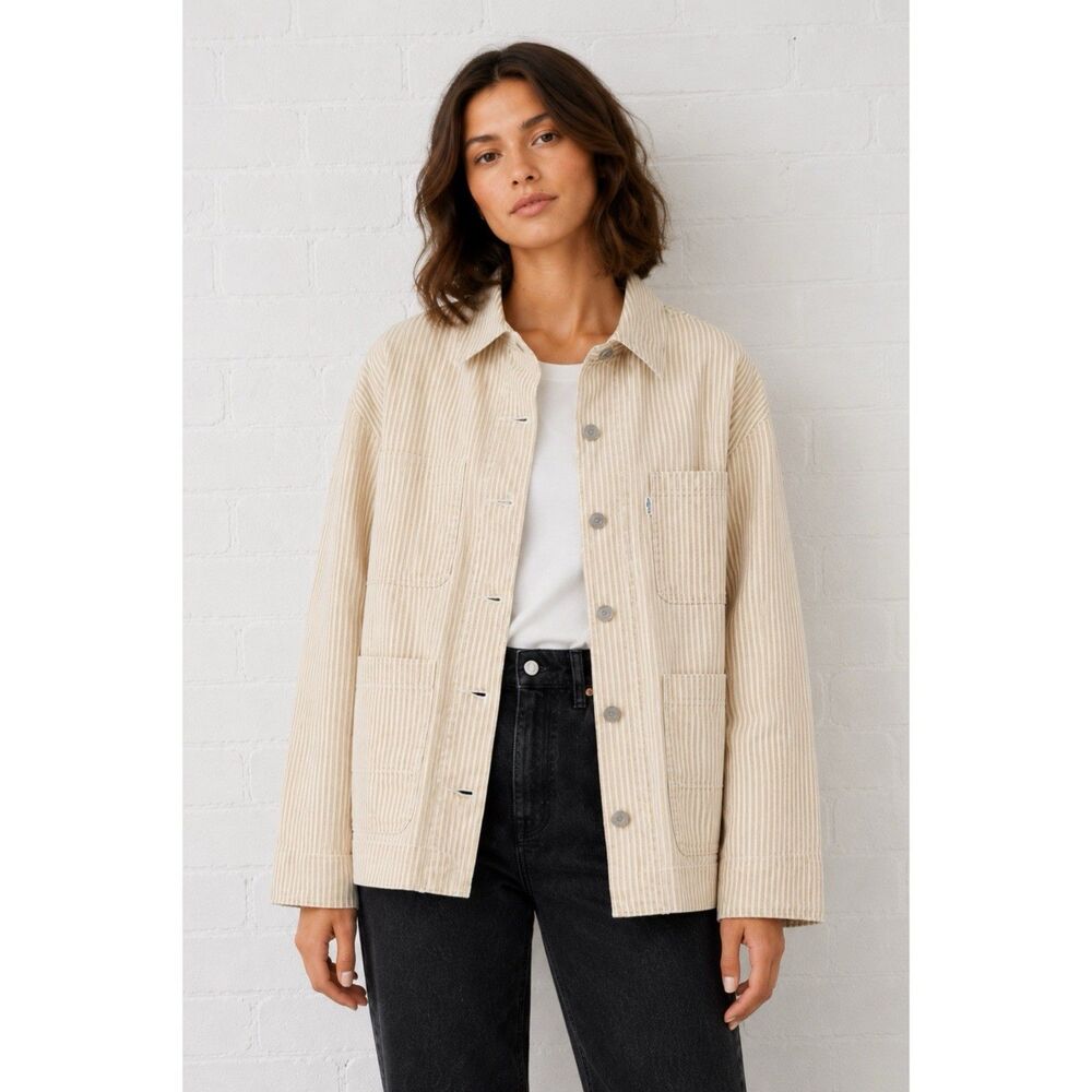 Levi's Premium Chore Coat Utility Jacket Women XL Beige Stripe White Big E Tab